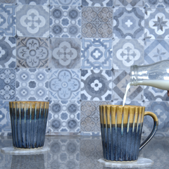 Coffee Mug Ribbed Blue and Brown