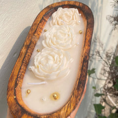 Decorative Wooden Tub Candle With White Gold Rose