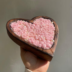 Big Wooden Heart Candle with Pink Flowers