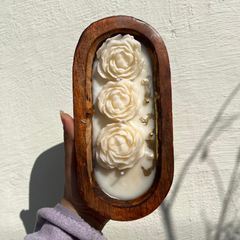 Decorative Wooden Tub Candle With White Gold Rose