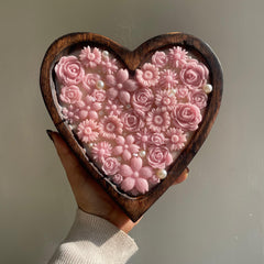 Big Wooden Heart Candle with Pink Flowers