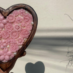 Big Wooden Heart Candle with Pink Flowers