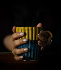 Coffee Mug Ribbed Blue and Brown