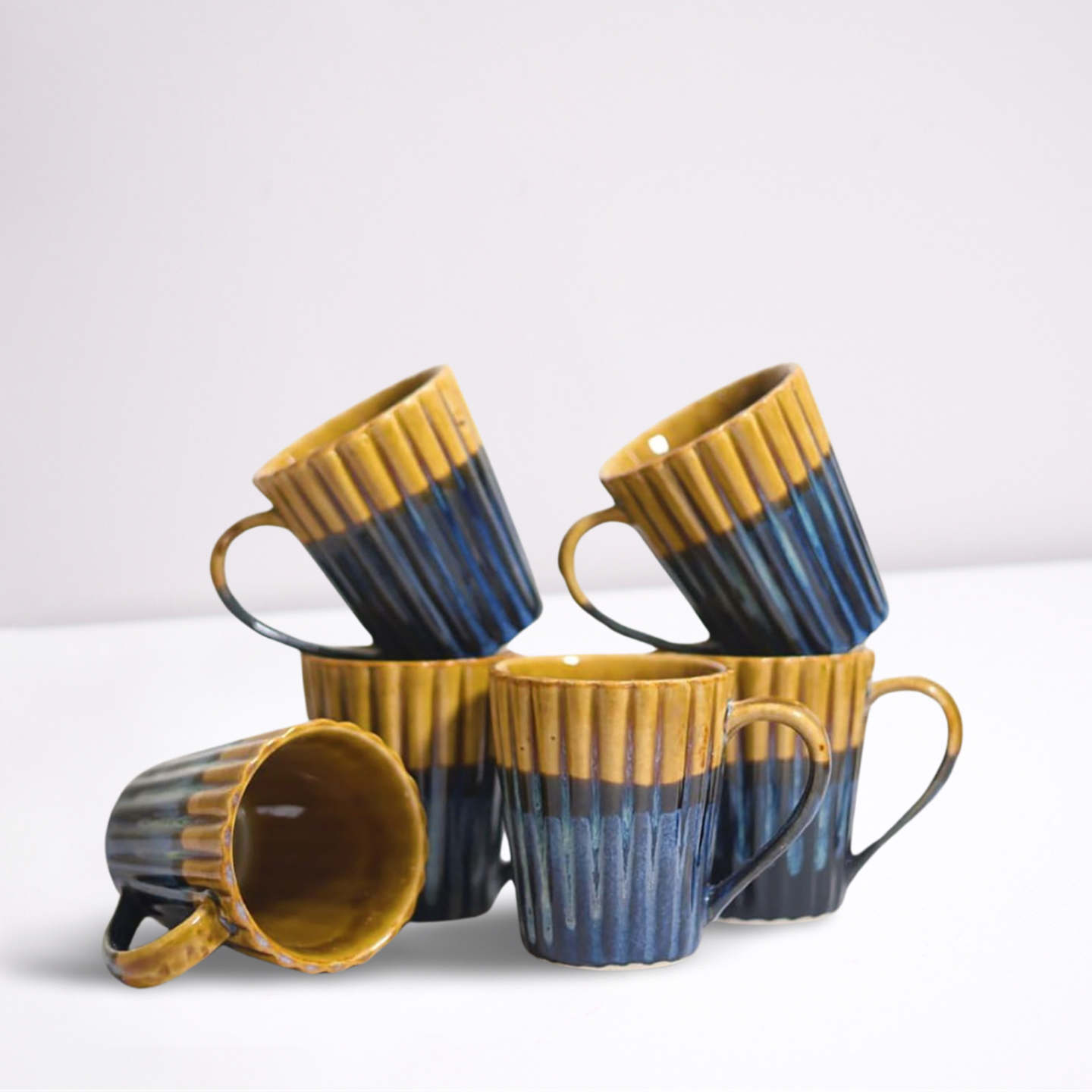 Coffee Mug Ribbed Blue and Brown